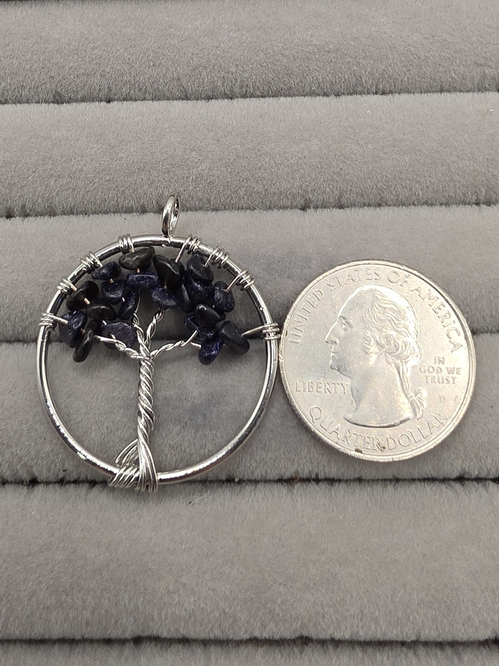 Handmade Silver Wire Tree of Life Pendant with Dark Blue Gem Chips